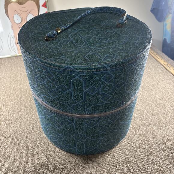 Rare 1950s Vintage Round Hat Box Blue Teal Geometric Atomic Print Zipper Case main image 4